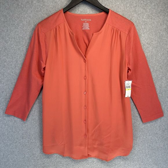 Van Heusen Tops - Van Heusen Womens Blouse Size Medium Coral Pink V-Neck 3/4 Sleeve New Tags